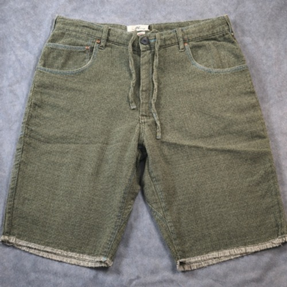 KU Mens Japan Fabric Green Shorts Textured Slub Weave Raw Hem Workwear Size M 32